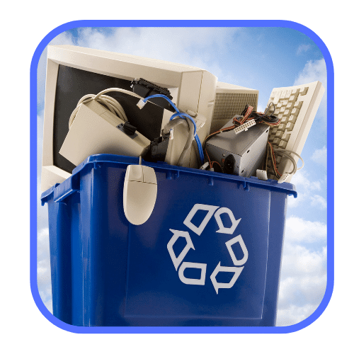 Blue recycling bin with computer and electronics for removal